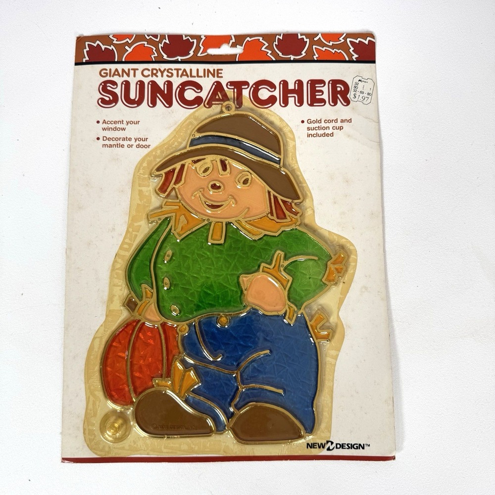 VTG Crystalline Suncatcher Fall Pumpkin Scarecrow Thanksgiving Holidays 80s NOS